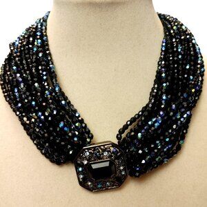 Givenchy Necklace Black Iridescent Crystal Multi Strand Statement Jeweled Clasp